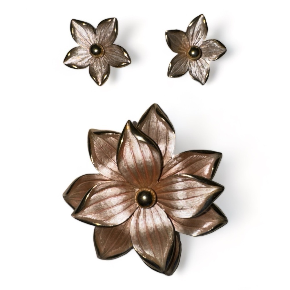Rare Vintage Poinsettia Flower Brooch & Clip-On Earrings Christmas Jewelry Set